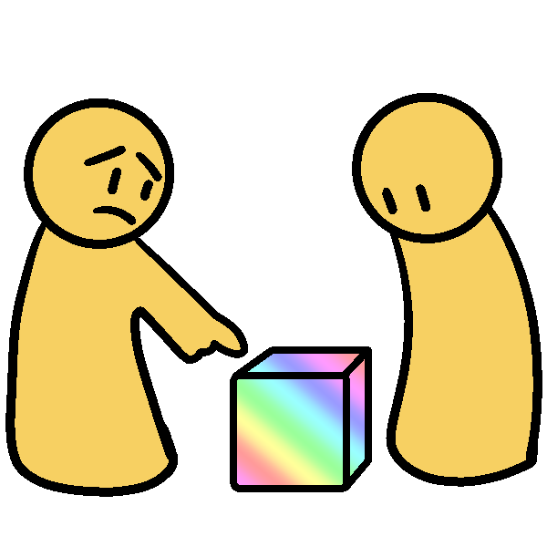 Two yellow people standing around a patel rainbow cube. One is pointing at it and frowning, the other is looking with a blank expression